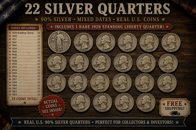 22 90% Silver Quarters Lot 1928 Standing Liberty 1935-1964 Mixed Dates FS