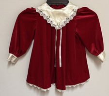 Vintage Homemade Red Velvet w/ Lace Dress Baby Girls Christmas Holiday 18-24M