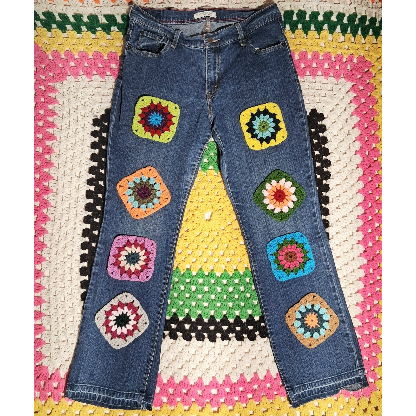Levi's 550 Women's 12M Bootcut Jeans Blue Boho Crochet Patchwork image 3