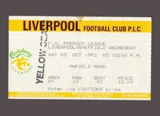 Liverpool v Sheffield Wednesday 1992-1993 Premier League Ticket 03/10/1992