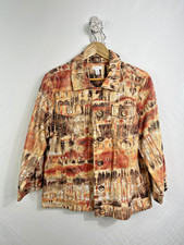 Chico's Jacket 2 Orange Abstract Gold Shimmer Linen Blend Button Front Coat