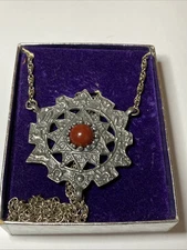 Vintage MARK HEISTER Zodiac Calendar Necklace Astrology Red Cabochon 1975 RARE