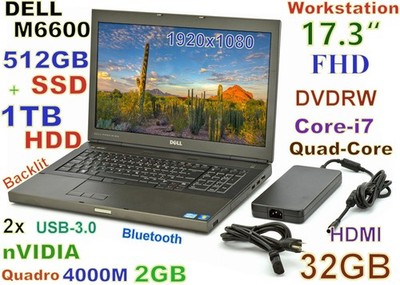 Workstation 17.3'' DELL M6600 i7-Quad (512GB SSD + 1TB) DVDRW 32GB Quadro 4000M