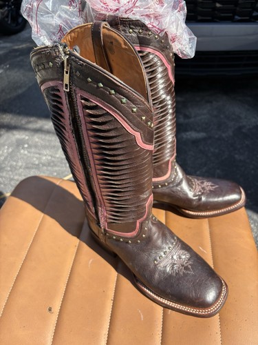 Stivali cowgirl Lucchese Cheyenne rosa cioccolato a contrasto punta quadrata misura 8,5 - Foto 6 di 8
