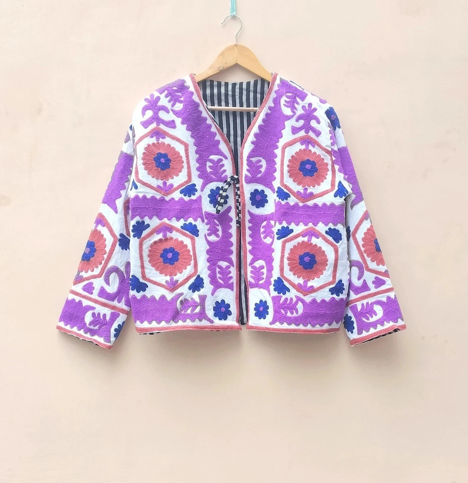 Indian Handmade Purple Suzani Floral Cotton Unisex Jacket Womens Clothing Jacket