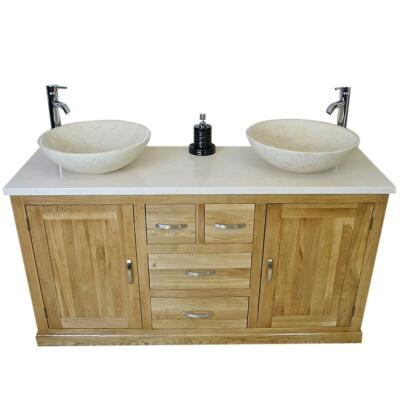 Eiche Bad Waschtischunterschrank | Unterschrank Doppel Doppelschale Becken Creme Marmor 603