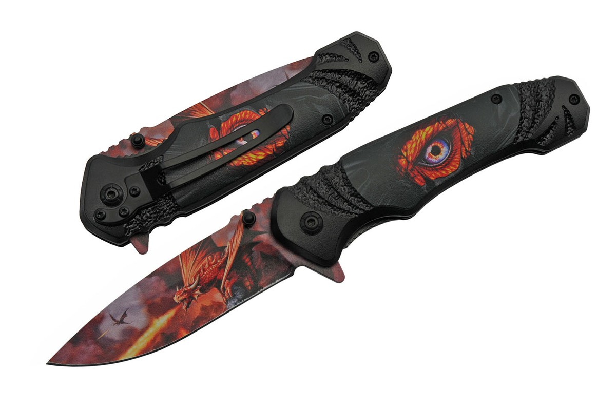 Spring-Assist Folding Knife | Dragon's Eye Red Fire Blade Black