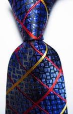 New Classic Checks Blue Gold Red JACQUARD WOVEN Silk Men's Tie Necktie