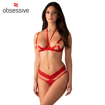 Desir Sexy Red Thong Bra Obsessive Hearts Underwear Set