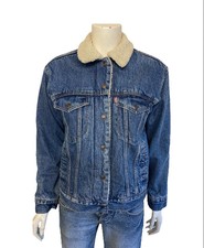 Levi’s Premium Red Tab Big E Sherpa Lined Trucker Blue Denim Jacket Women Size S