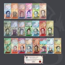 Venezuela Full Set 2 - 100000 Bolivares & 2 - 500 Soberanos (21 banknotes) UNC
