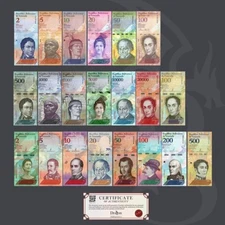 Venezuela Full Set 2 - 100000 Bolivares & 2 - 500 Soberanos (21 banknotes) UNC