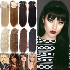 Women Topper Toupee Clip In On Hair Extensions with Bangs Long Staight as Human