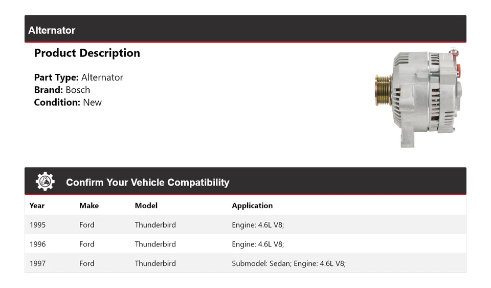 Alternador Bosch para Ford Thunderbird 1995-1997 4,6 L V8 (nuevo) 1996 Foto 2 de 4