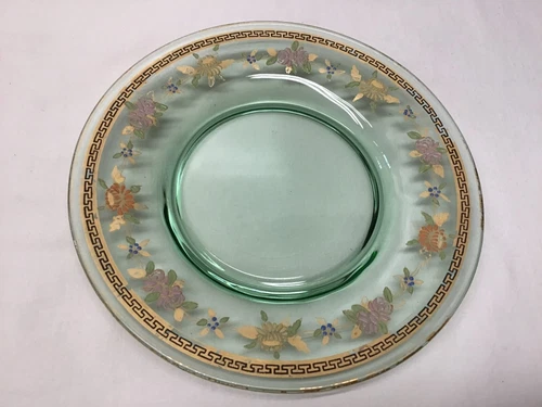 Vintage Green Depression Glass Plate with Gold Trim & Flowers with Gold Leaves