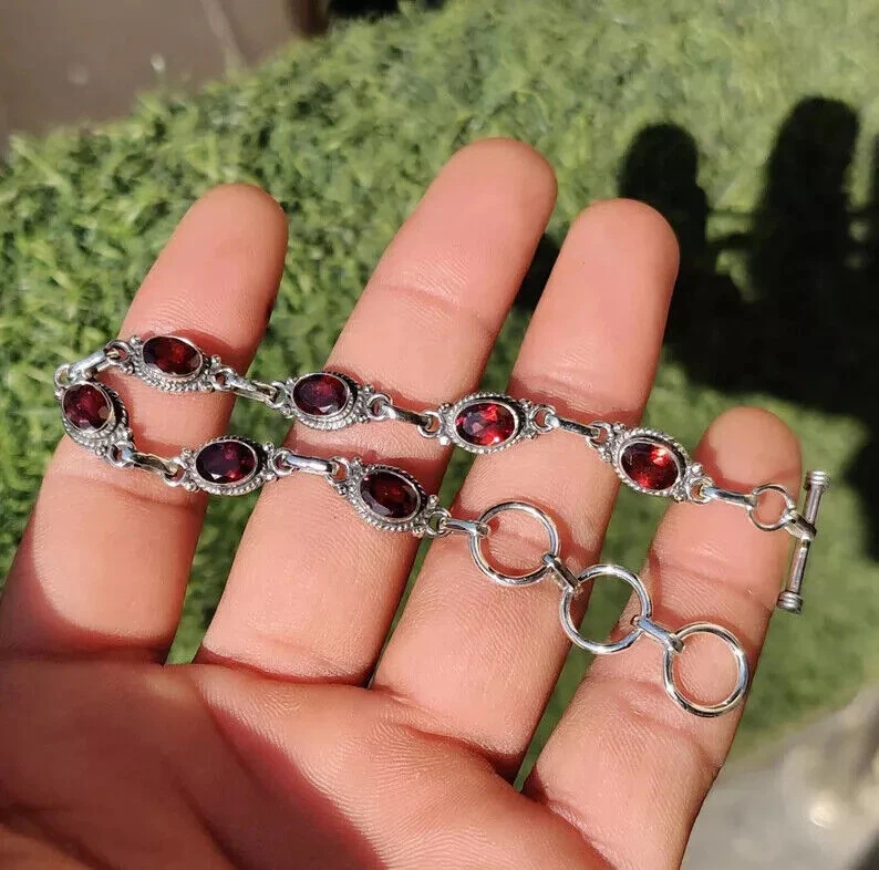 Hermoso brazalete de mujer de plata esterlina 925 maciza hecho a mano granate piedras preciosas Si12 Foto 3 de 4