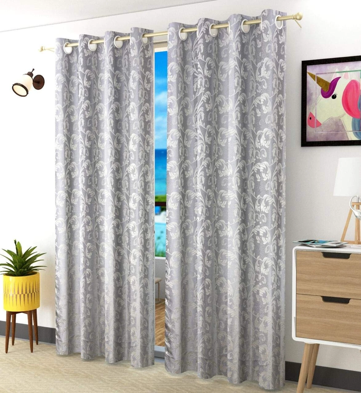 Nuevo Set De 2 Piezas Poliéster Puerta Cortinas Juego 2.7m Largo Gris