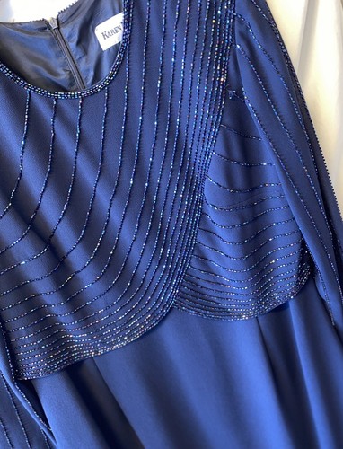 VTG Karen Miller Beaded Evening Gown Navy Blue Formal Cocktail Dress *PRISTINE* - Picture 4 of 12