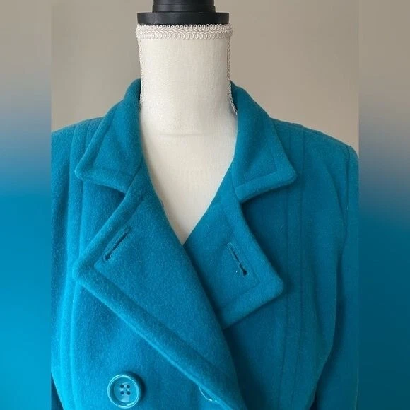 Blazer feminino de lã azul peito duplo tamanho pequeno retrô viagem de escritório  - Imagem 3 de 4
