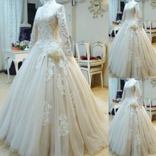 Muslim Wedding Dresses High Neck Long Sleeves Tulle Lace Applique Bridal Gowns