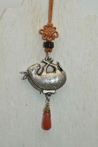 Original Ching Period Antique Chinese Donkey Charm / Jewelry w/ Coral Adornment