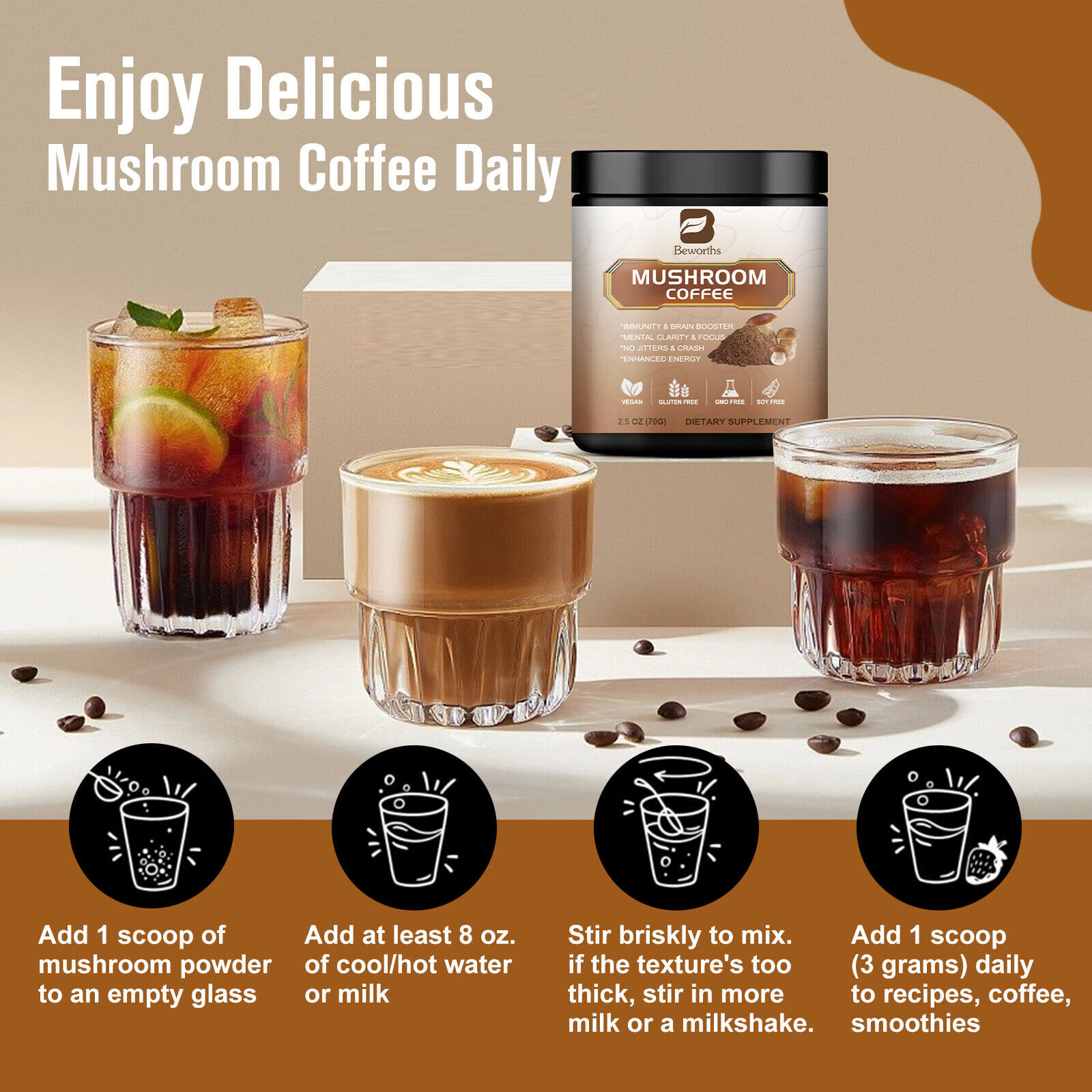70g Organic Mushroom Coffee--Reishi,Cordyceps, Lion's Mane,Turkey Tail Mushrooms