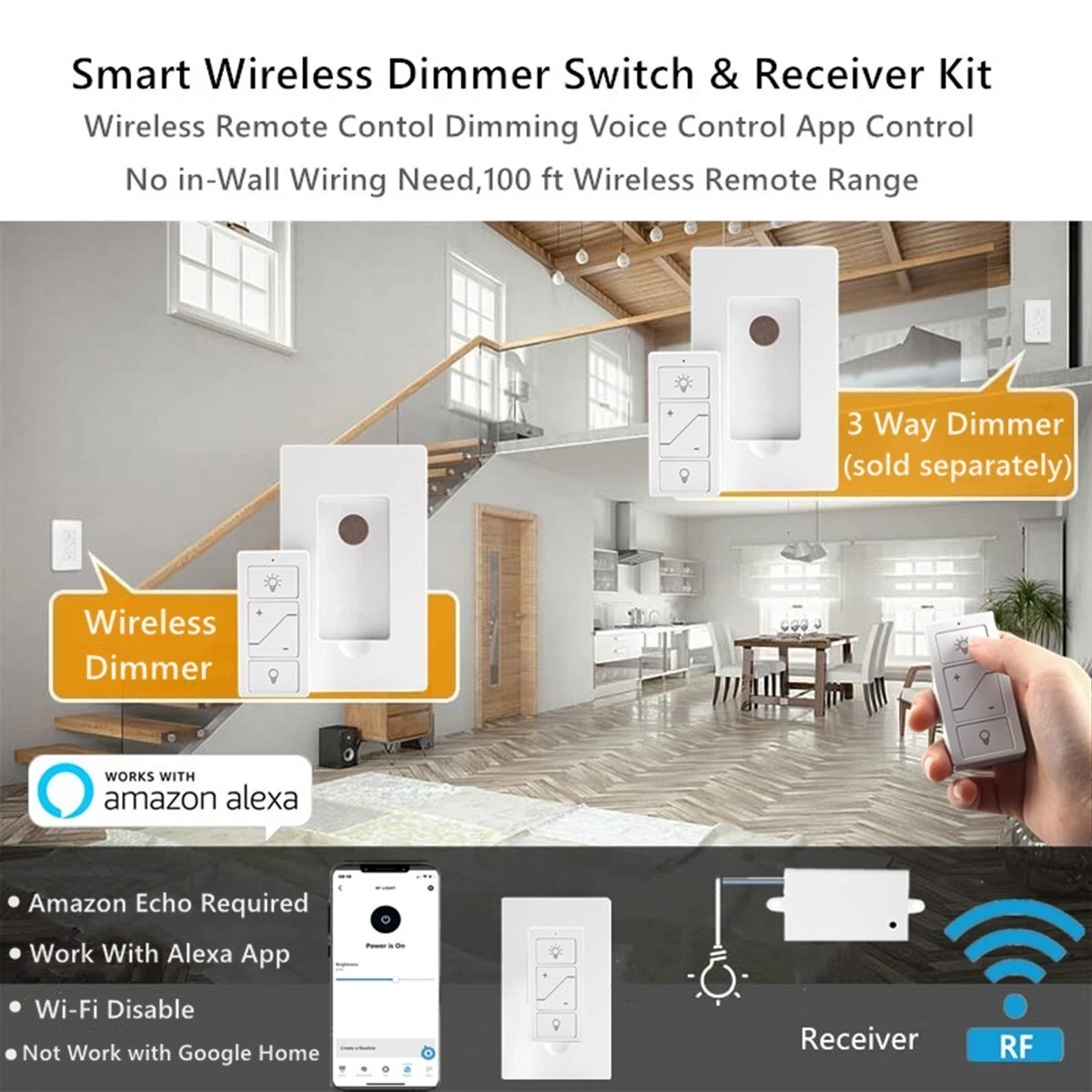 Wireless Wall Switch Remote Control Outlet, No Wiring, 100Ft RF Range,  Pre-Progr