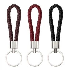 Braided Leather Key Fob Car Keychain Ring Woven Strap 3 Black, Brown, Red
