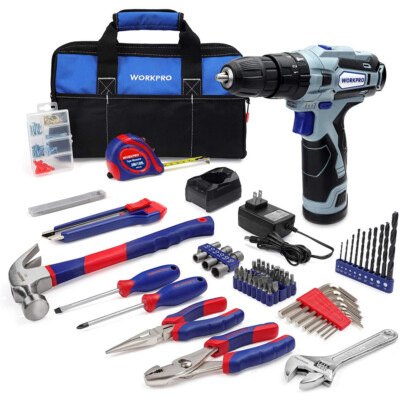 WORKPRO 177 Piece 12V Cordless Drill and Home Tool Kit Combo Kit w/14'' Tool Bag