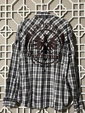 Affliction Button Up Shirt Mens 2XL Black White Embroidered Casual Pockets