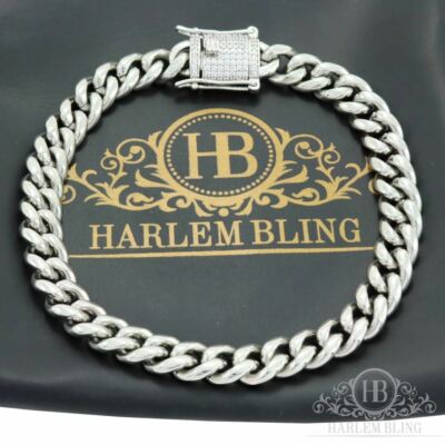 Mens Miami Cuban Link Bracelet Stainless Steel 8mm 925 Silver CZ Clasp ICY