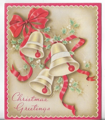 VTG CHRISTMAS CARD 4.5x5.5 Christmas Greetings - Bells With Red Ribbon and Bows