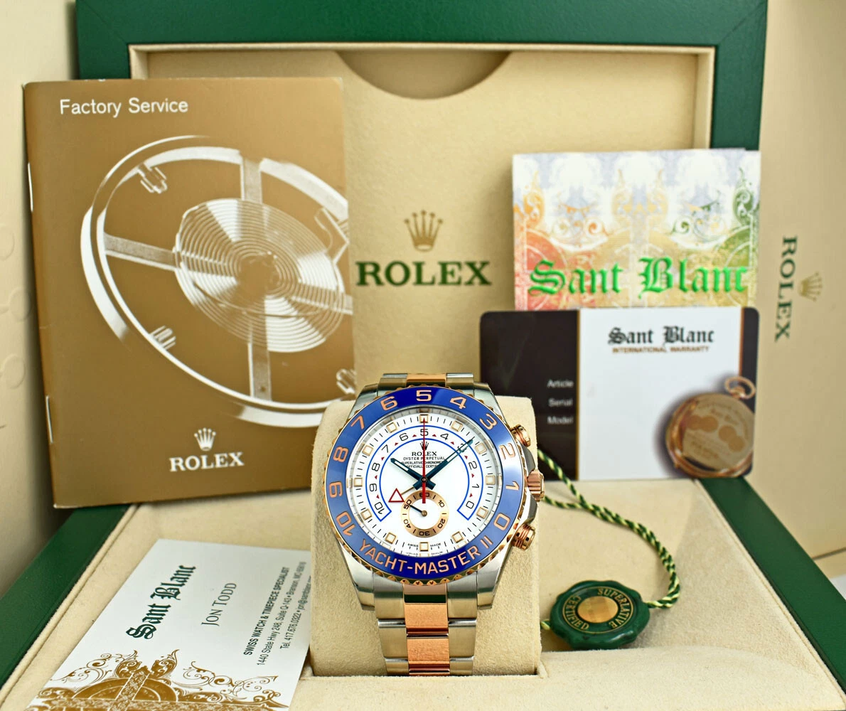 ROLEX 44mm 18kt Rose Gold SS YachtMaster Blue Hands 116681 SANT | eBay