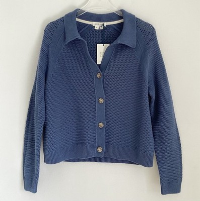 White Stuff Strickjacke M blau Bio Baumwolle Strick Grobstrick