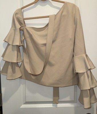 NWOT Vintage Lavish Alice Off Shoulder Ruffle Sleeve Blouse Sz M Light Beige