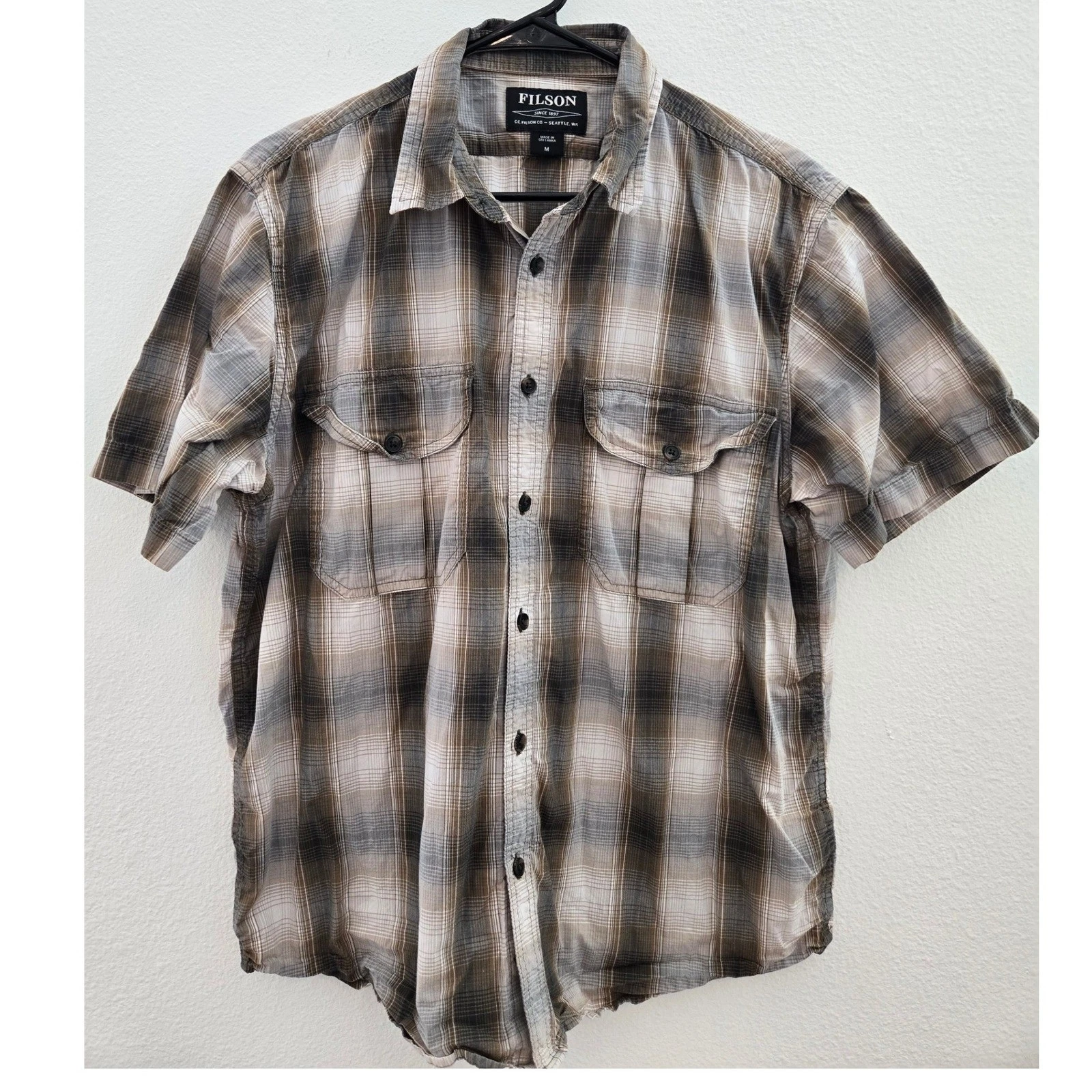 Filson Mens Short Sleeve Plaid Button Down Shirt Beige Brown Black Cotton M