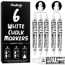 6 White Chalk Markers - Dual tip, Fine  Jumbo Tip 1mm, 3mm, 5mm, 15mm  Er...
