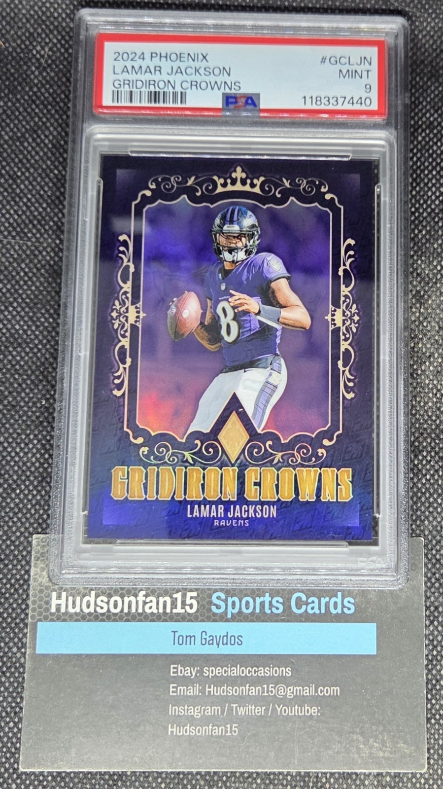 Lamar Jackson 2024 Panini Phoenix Gridiron Crowns #GC-LJN Case Hit SP PSA 9