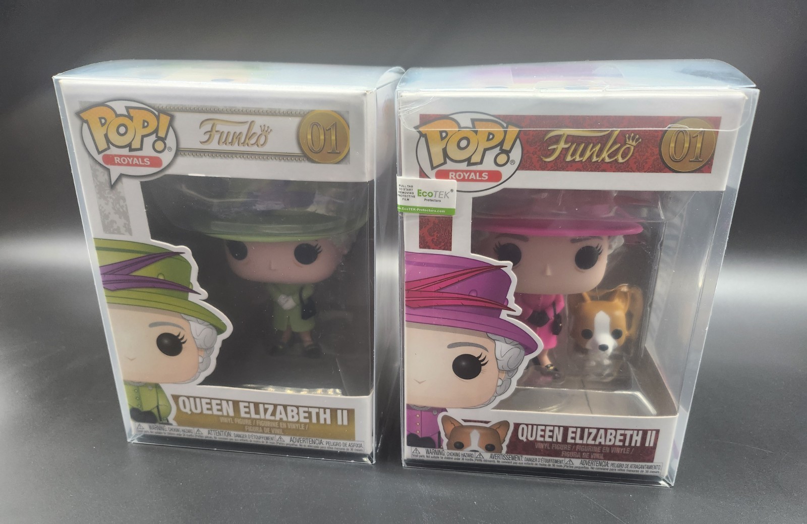2 Queen Elizabeth II Funko Pops Royals England Green Pink #01 Suit Corgi Pop!