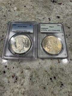 1923 Peace Dollar PCGS MS66 Plus a 1921 PCGS Toned Morgan Dollar MS63 Very Nice