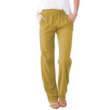 Women Cotton Linen Trousers Ladies Summer Casual Elastic Waist Bottoms Pants NEW