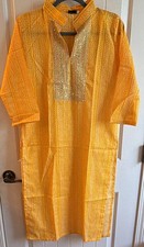 Women s Yellow soft Cotton bandhni Kurta Tunic Silver Embroidered Neck size M