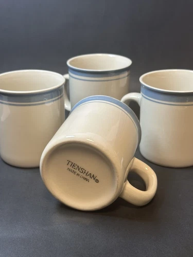 Vtg Light Blue Stripe Tienshan Stoneware Diner Coffee Mugs Cups 3-1/2” Set- 4