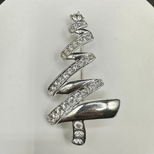 Monet Christmas Tree Brooch Pin Signed Zigzag Ribbon Silver Tone Rhinestones