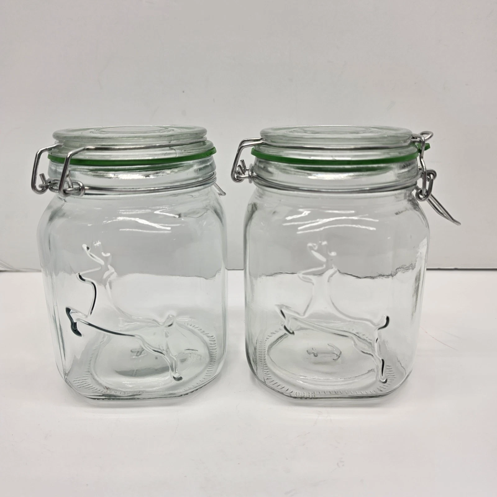 Anchor Hocking Jar Bale Hinge Lock 32 oz. Glass Jar Green Deer Holiday Set Of 2