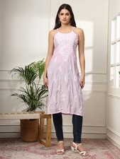 Pink Chanderi Sleeveless Chikankari Kurta, Lucknowi Chikankari Kurti Top