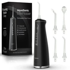 AquaSonic Elite Cordless Water Flosser Black - 4 Modes 8 Settings 3 Tips 300ml