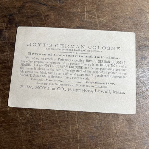Antique Victorian Trading Card Hoyt's German Perfume in Cologne Lowell Mass - B1