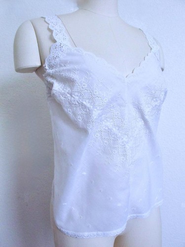 Vintage 1950s Alice Maloof Cami Top L White Cotton Eyelet CottageCore Embroidery - Picture 1 of 14