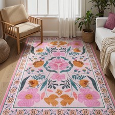 Pink Boho Area Rug for Bedroom 5x7, Soft Washable Nursery Rug Non Slip Ultra-...